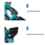 Close-up of blue power tool handle with anti-slip grip and protective hand cover features