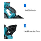 Close-up of blue power tool handle with anti-slip grip and protective hand cover features