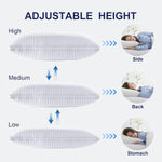 Adjustable height white pillow shown in high, medium, and low settings for side, back, and stomach sleeping positions