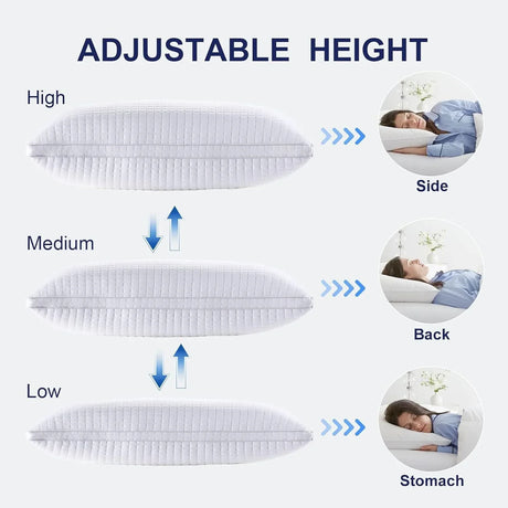 Adjustable height white pillow shown in high, medium, and low settings for side, back, and stomach sleeping positions