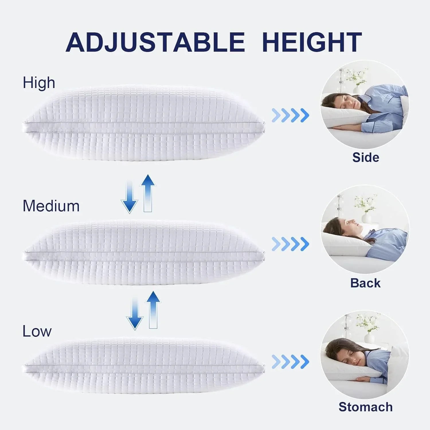 Adjustable height white pillow in high, medium, and low settings for side, back, and stomach sleepers