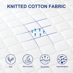 Knitted cotton fabric close-up with soft, skin-friendly, breathable, hypoallergenic features icons