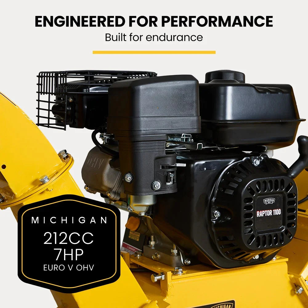 MICHIGAN 7HP 212cc Petrol Wood Chipper, Tree Mulcher - Raptor 1100