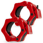 Pair of red barbell collar clamps with black accents on a white background.