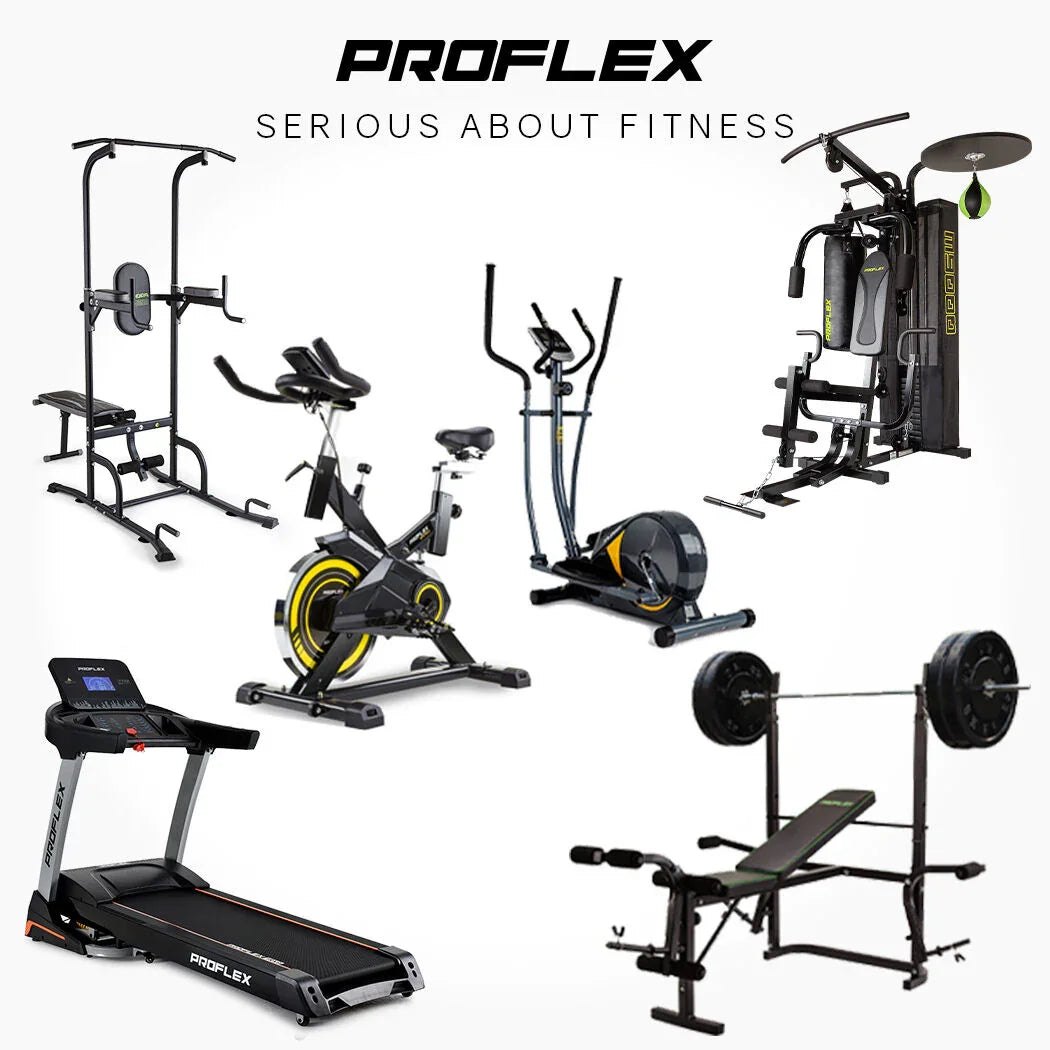 Proflex home gym equipment set with treadmill, exercise bike, bench press, and power tower.