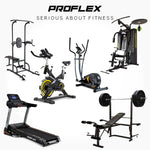 Proflex home gym equipment set with treadmill, exercise bike, bench press, and power tower.