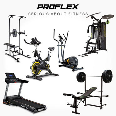 Proflex home gym equipment set with treadmill, exercise bike, bench press, and power tower.