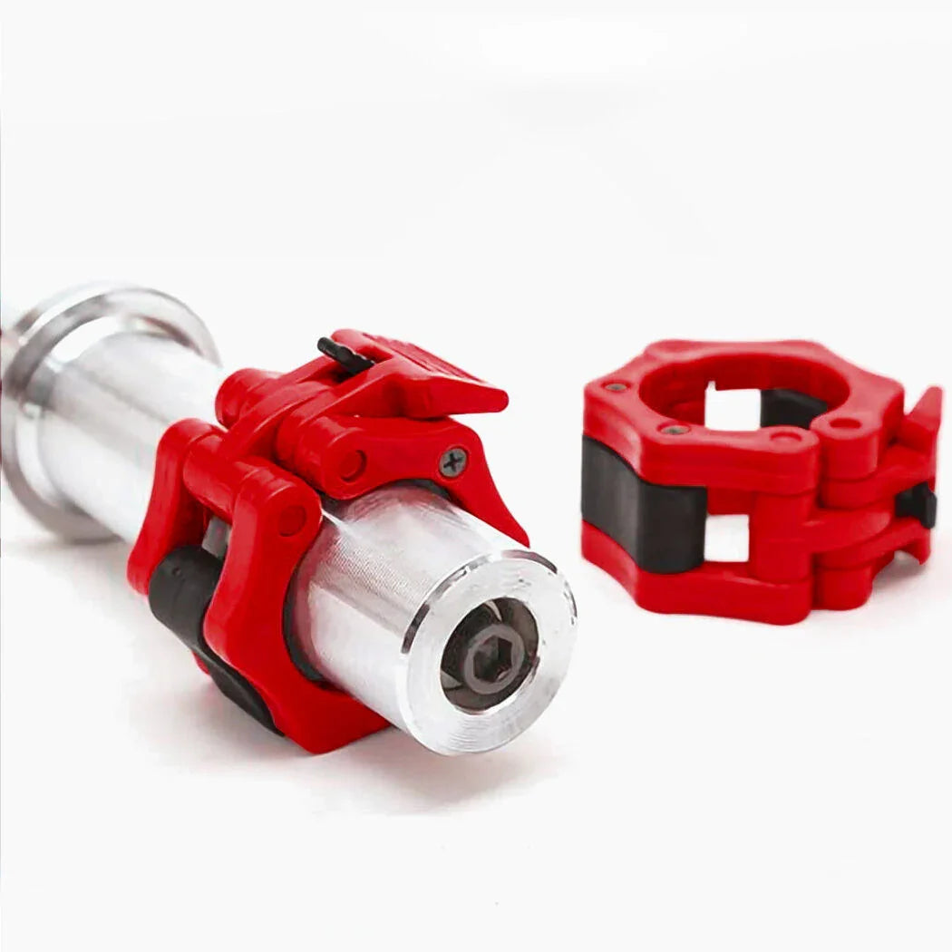 Red barbell collar clips on a silver weightlifting bar, gym equipment on white background