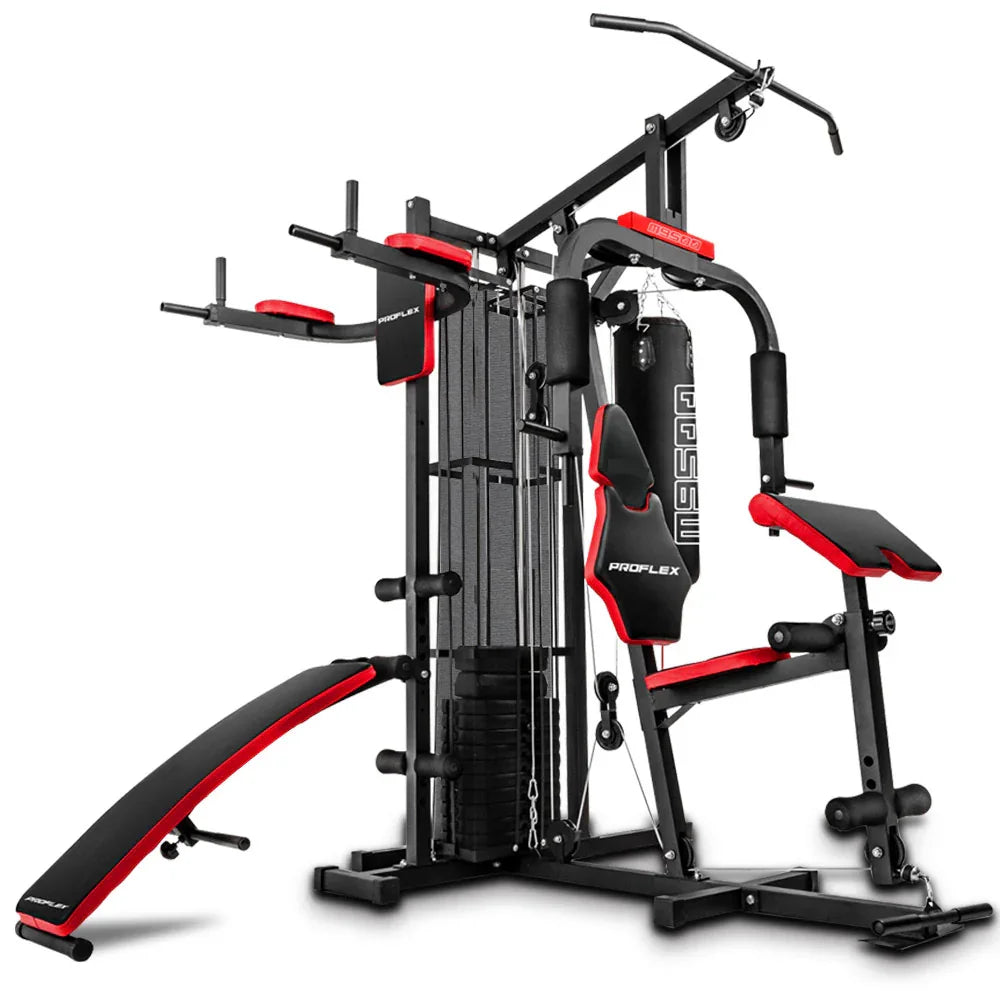 Proflex multi station home gym fitness equipment with weight stack and punching bag