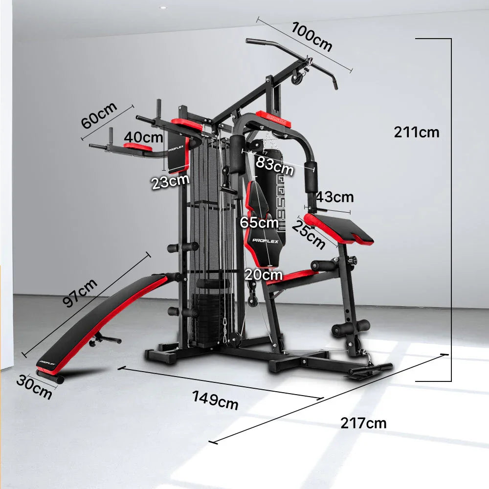 Multi-station home gym equipment with labeled dimensions in a bright room.