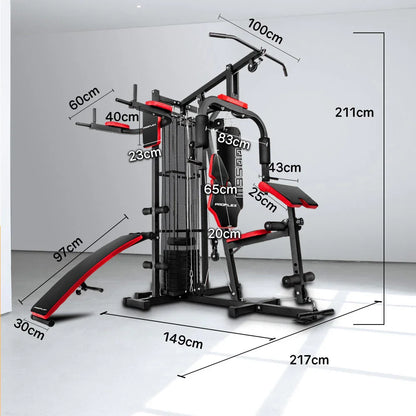 Multi-station home gym equipment with labeled dimensions in a bright room.