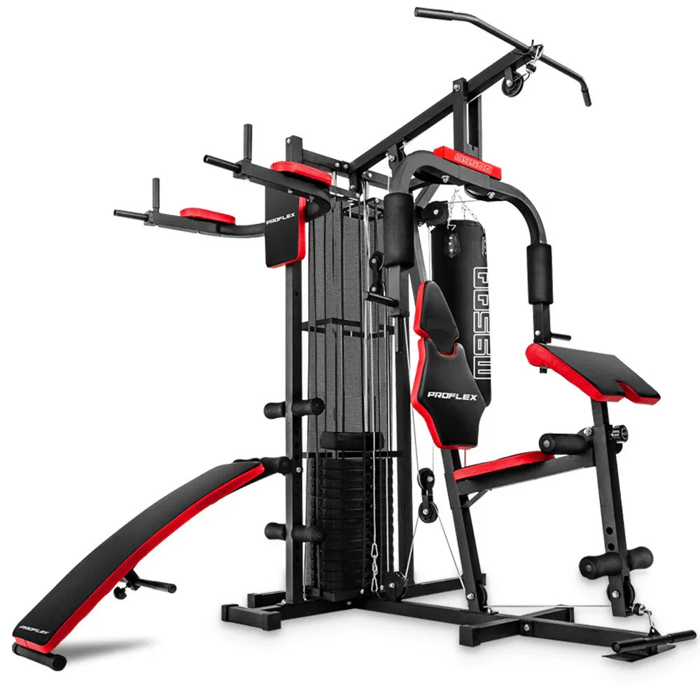 Proflex multi-station home gym equipment with bench, dip bars, weights, and punching bag