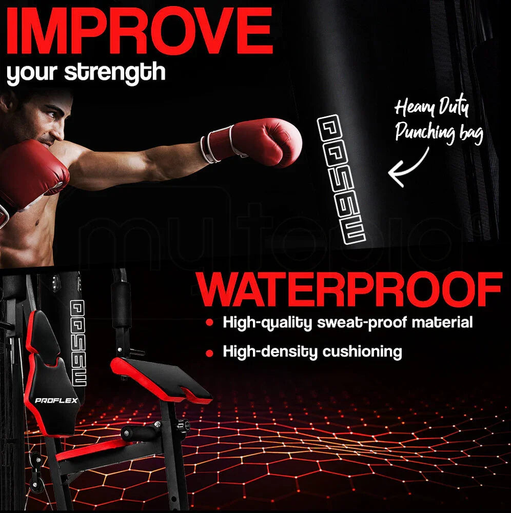 Man boxing with red gloves next to heavy duty waterproof punching bag and ProFlex gym bench