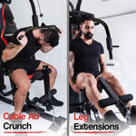 Man demonstrating cable ab crunch and leg extensions on home gym machine