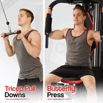 Man demonstrates tricep pull downs and butterfly press exercises on home gym machine