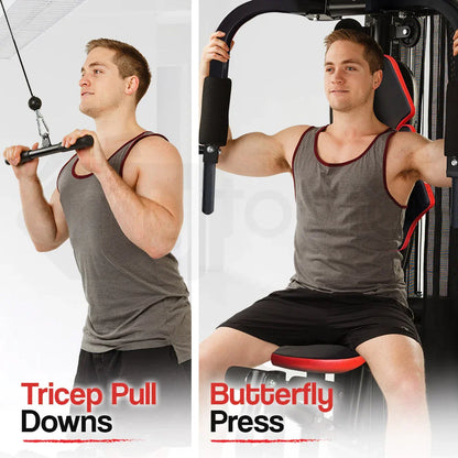 Man demonstrates tricep pull downs and butterfly press exercises on home gym machine