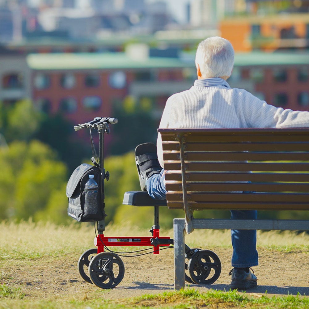 Knee Scooter Walker with Dual Brakes & Bag Red