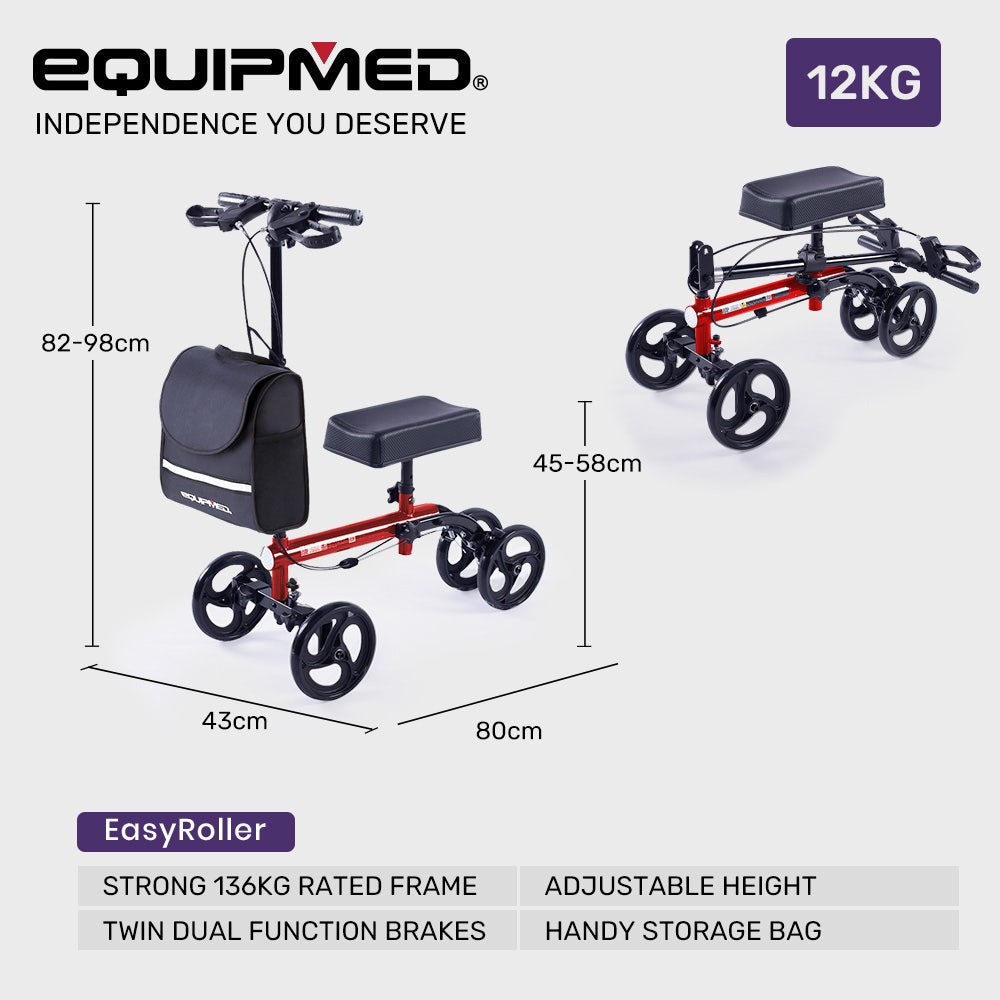 Knee Scooter Walker with Dual Brakes & Bag Red