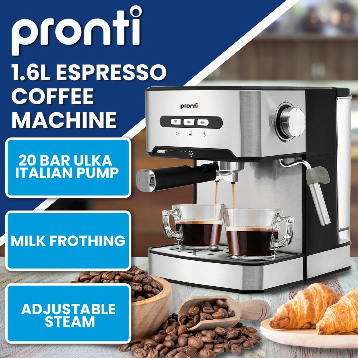 Pronti 1.6L Automatic Coffee Espresso Machine Steam Frother Cappuccino Maker