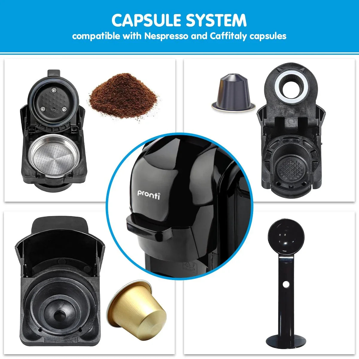 Pronti HomeMaid 3-in-1 Coffee Machine Nespresso Caffitaly Ground Coffee Compatible