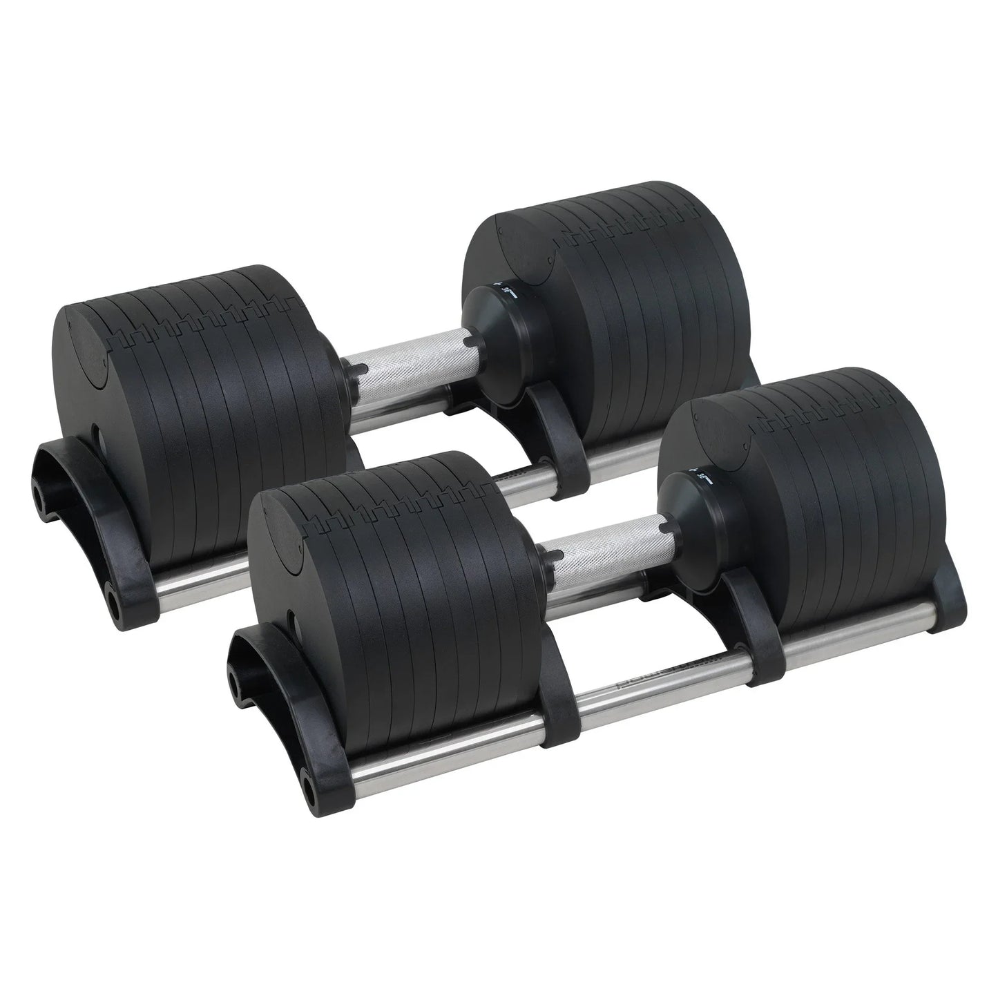 Pair of adjustable dumbbells with black weight plates on a white background