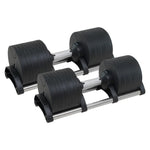 Pair of adjustable dumbbells with black weight plates on a white background