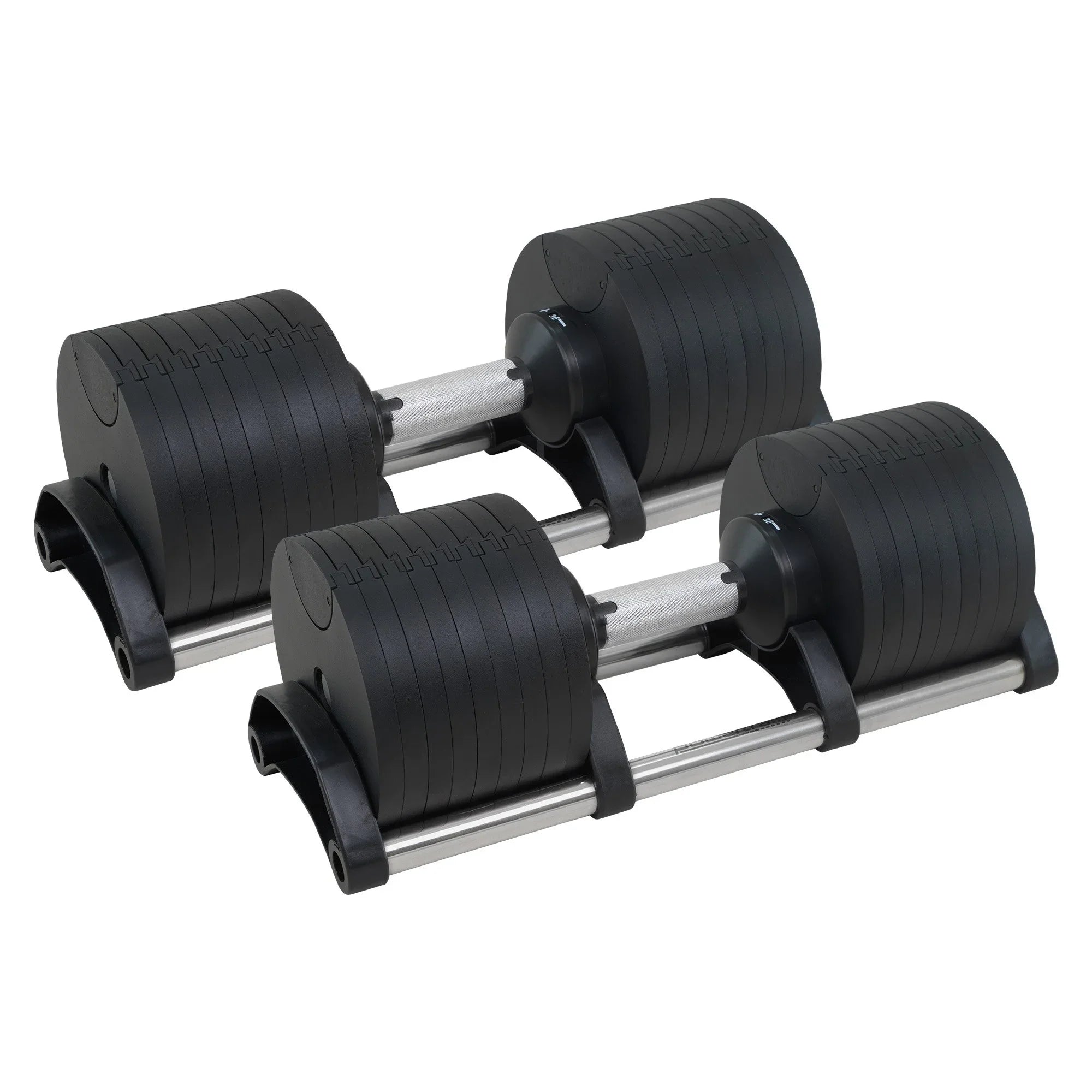 Pair of adjustable dumbbells with black weight plates on a white background
