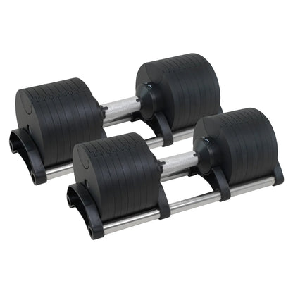 Pair of adjustable dumbbells with black weight plates on a white background