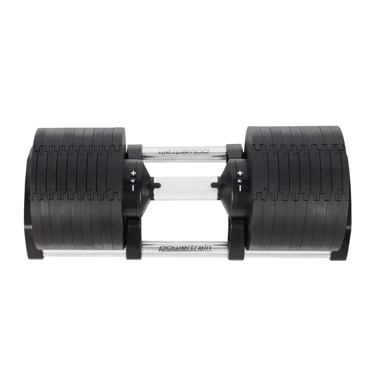 Adjustable black dumbbell with chrome handle on white background, Powertrain fitness equipment