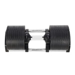 Adjustable black dumbbell with chrome handle on white background, Powertrain fitness equipment