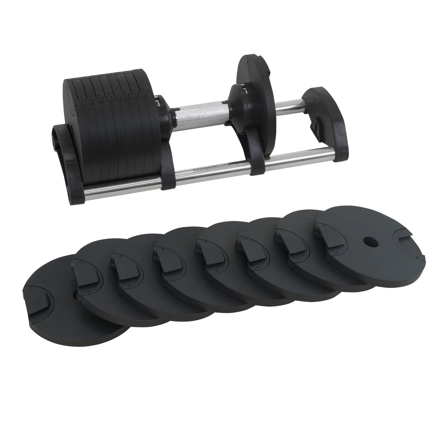 Adjustable dumbbell set with black weight plates on a white background, home gym equipment