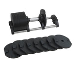 Adjustable dumbbell set with black weight plates on a white background, home gym equipment