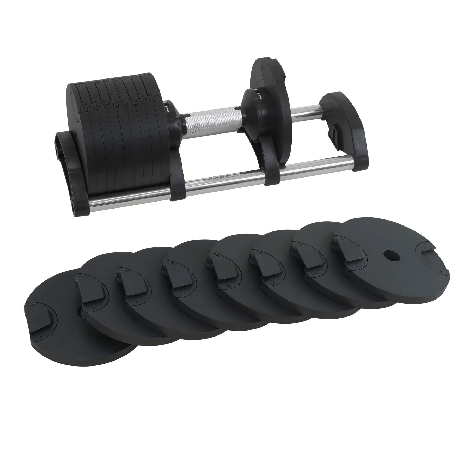 Adjustable dumbbell set with black weight plates on a white background, home gym equipment