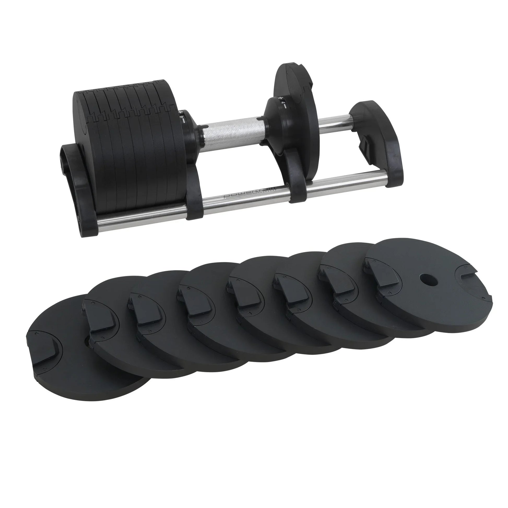 Adjustable dumbbell set with black weight plates on a white background, home gym equipment