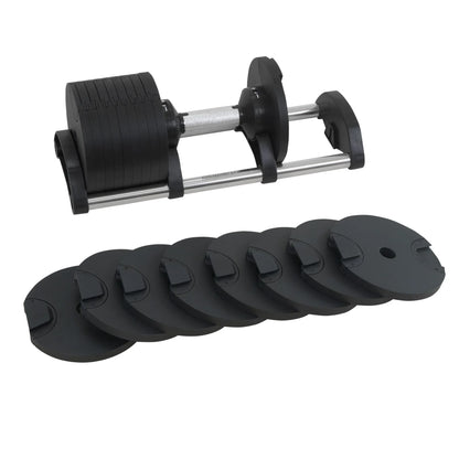 Adjustable dumbbell set with black weight plates on a white background, home gym equipment