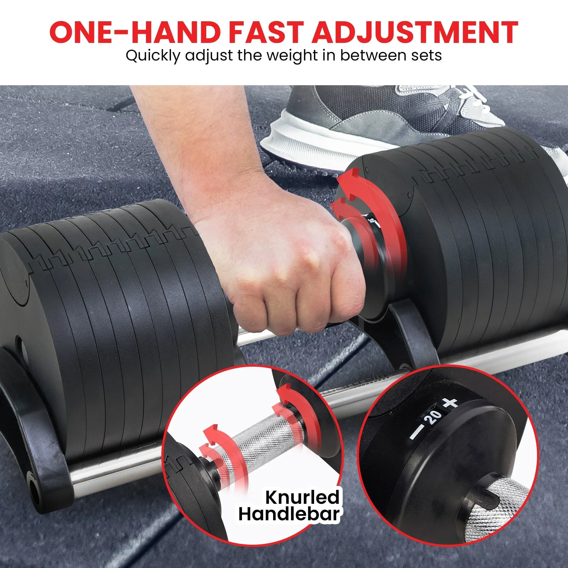 One-hand adjustable dumbbell with knurled handlebar and quick weight change feature