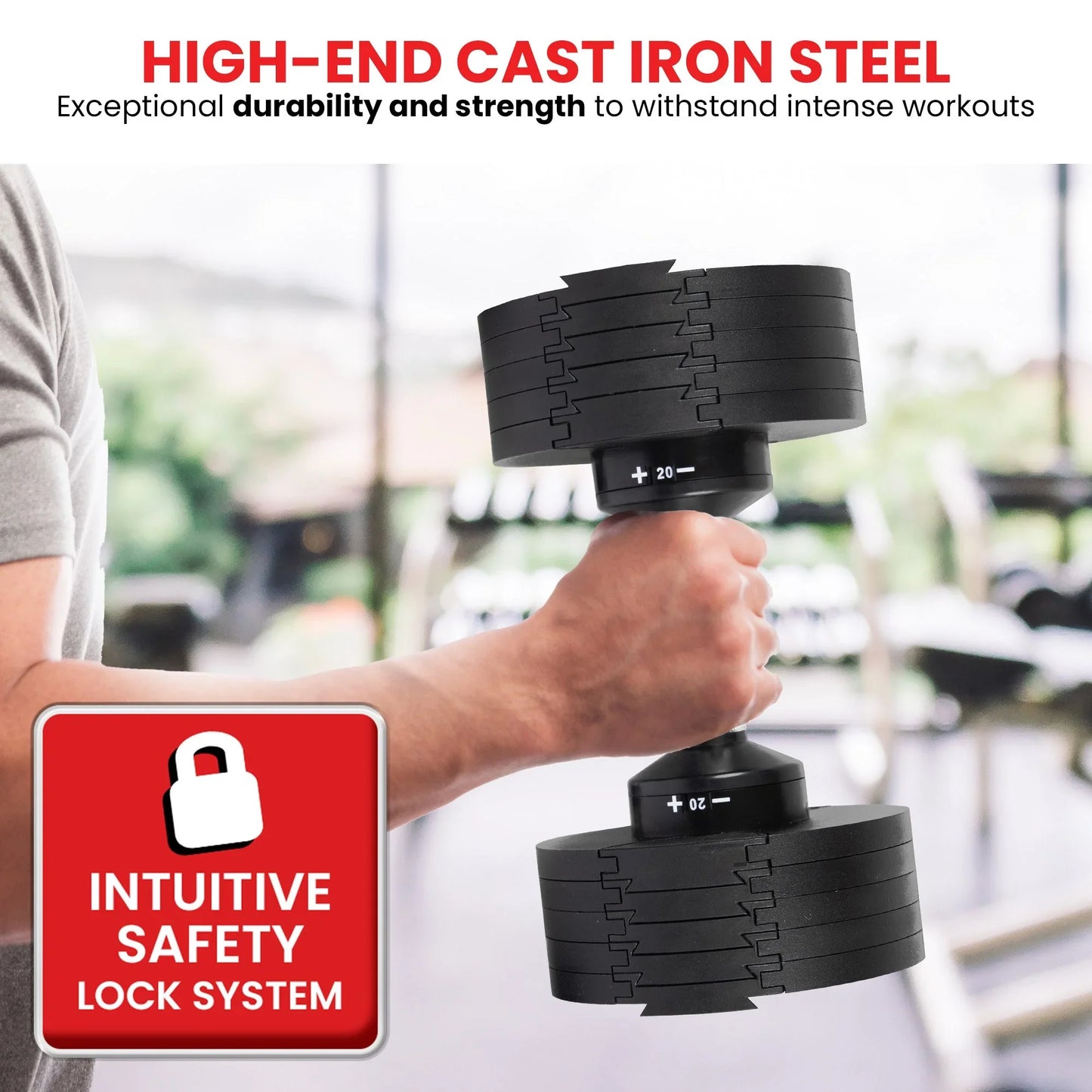 Cast iron adjustable dumbbell with intuitive safety lock system held in gym setting