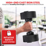 Cast iron adjustable dumbbell with intuitive safety lock system held in gym setting