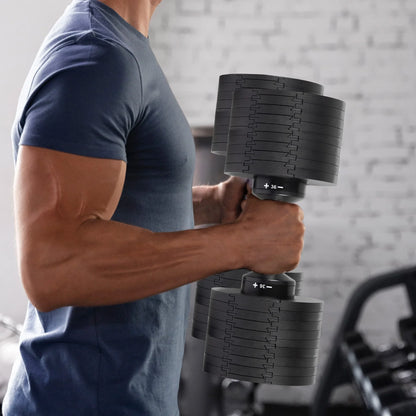 Man lifting adjustable dumbbells in modern gym setting