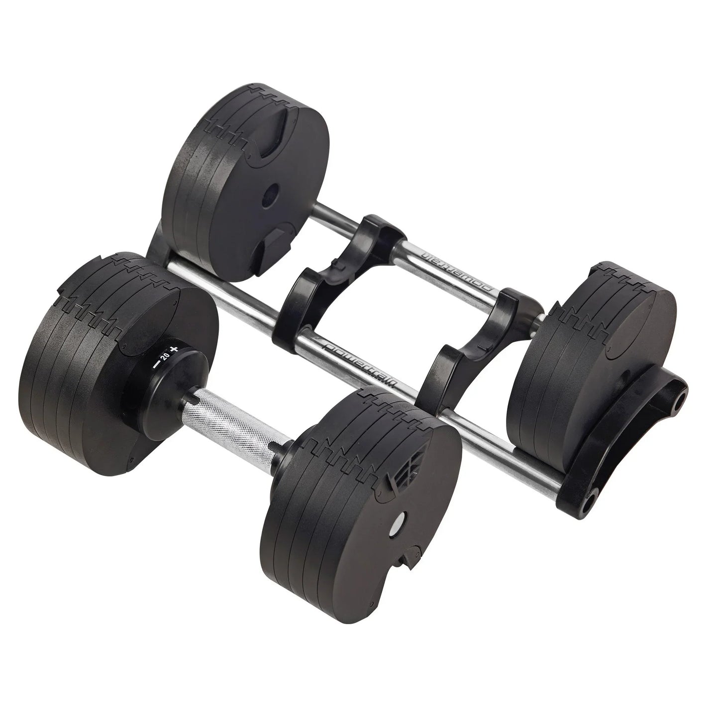 Adjustable black dumbbell with metal handle on a holder, home gym fitness equipment
