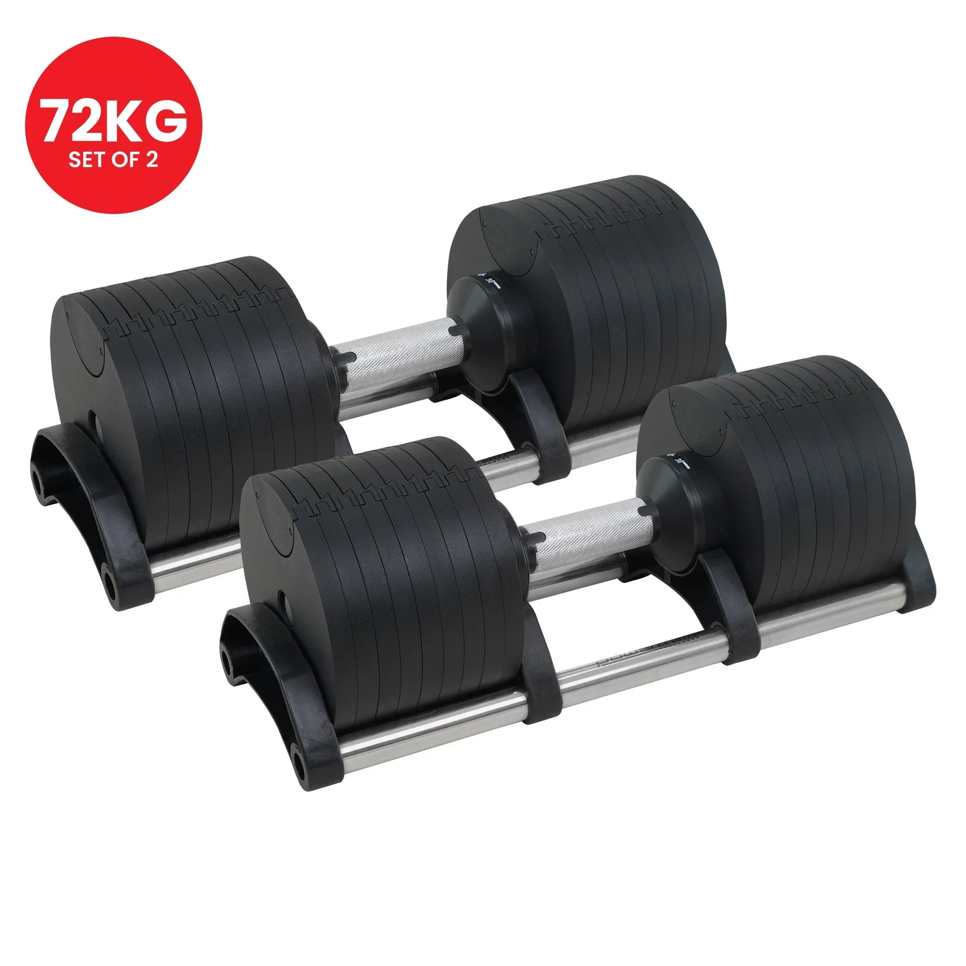 Pair of adjustable dumbbells 72kg set on holders, black metal design, fitness equipment