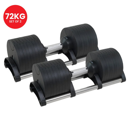 Pair of adjustable dumbbells 72kg set on holders, black metal design, fitness equipment