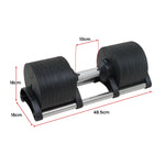 Adjustable dumbbell with weight plates, black handle, and measurement dimensions labeled