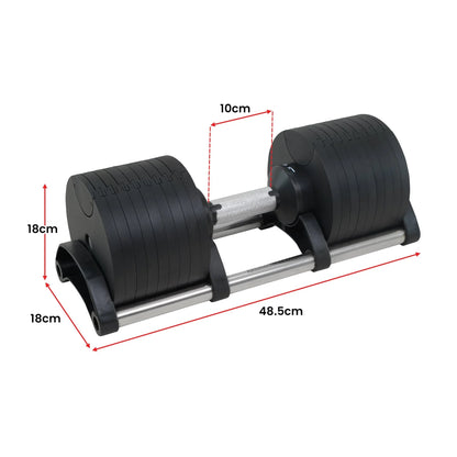 Adjustable dumbbell with weight plates, black handle, and measurement dimensions labeled