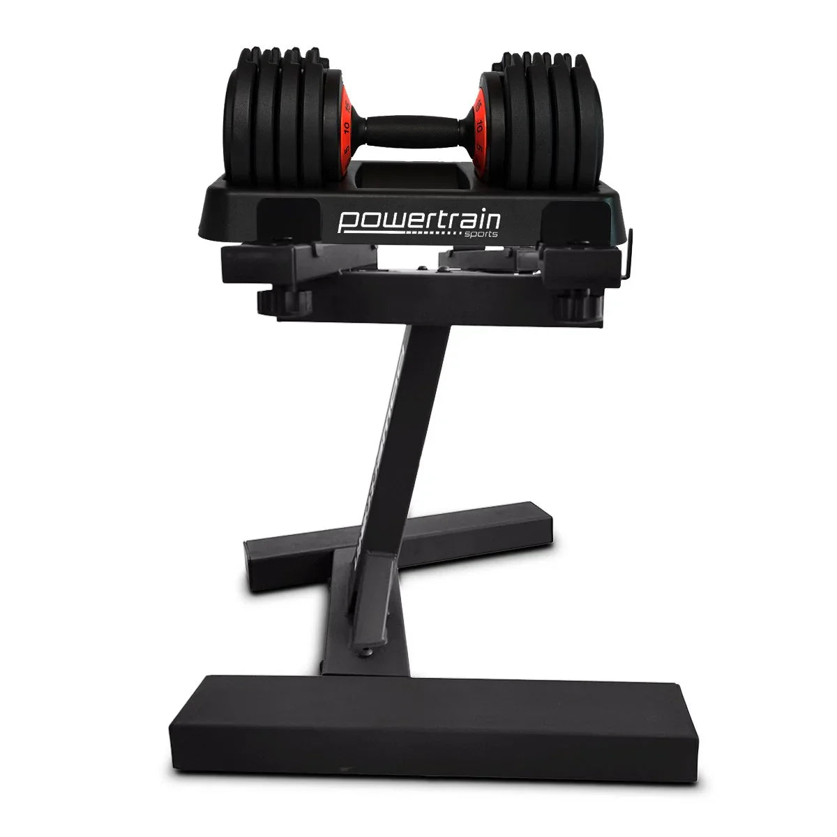 Adjustable black Powertrain sports dumbbell set with red weight markings on black metal stand