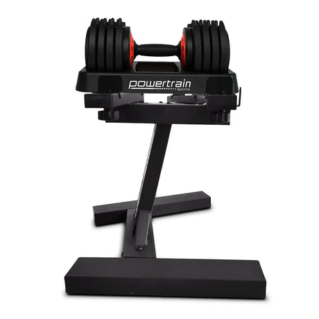 Adjustable black Powertrain sports dumbbell set with red weight markings on black metal stand