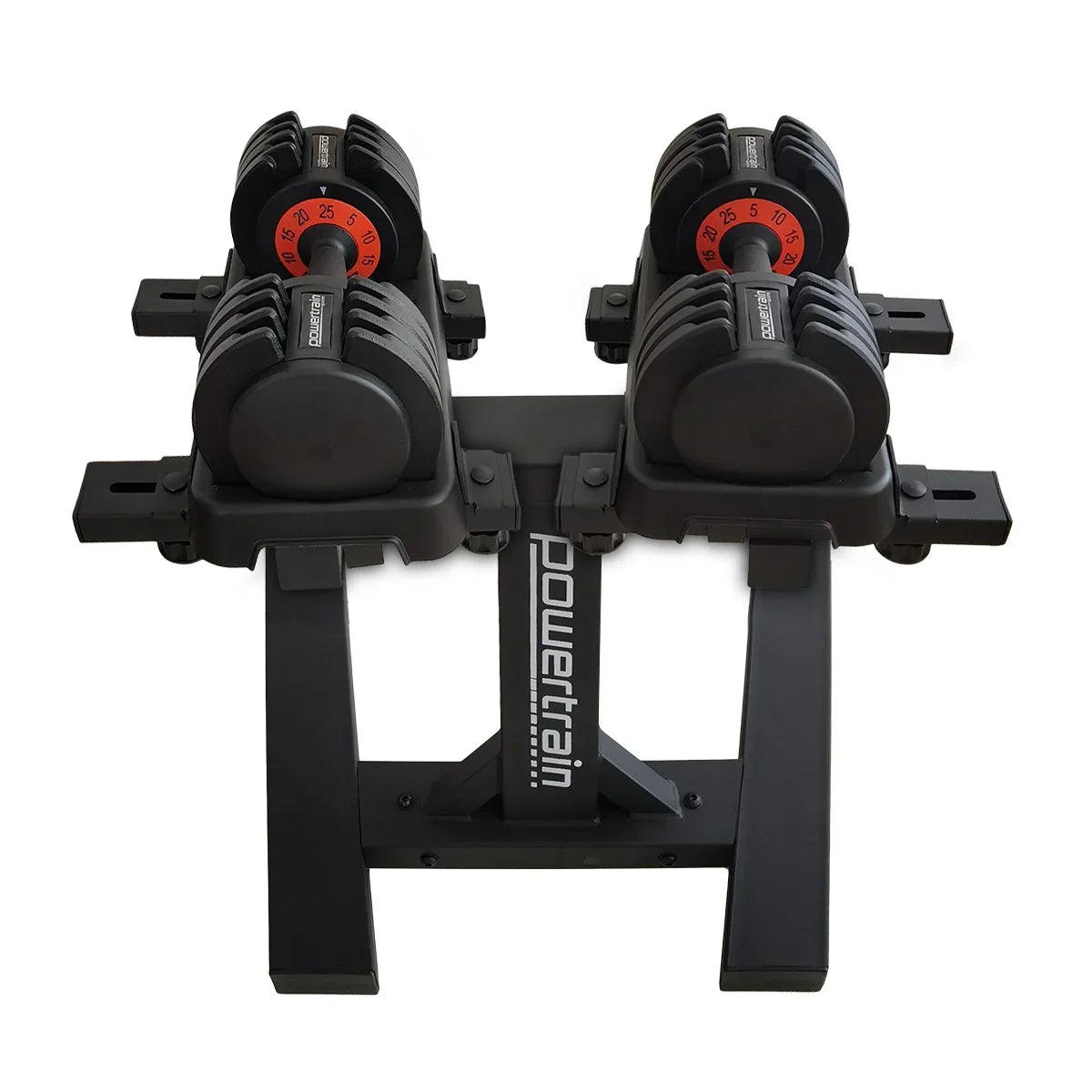 Pair of adjustable Powertrain dumbbells with weight dial on black metal stand