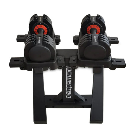 Pair of adjustable Powertrain dumbbells with weight dial on black metal stand