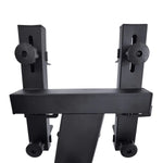 Black adjustable metal bracket with knobs against white background