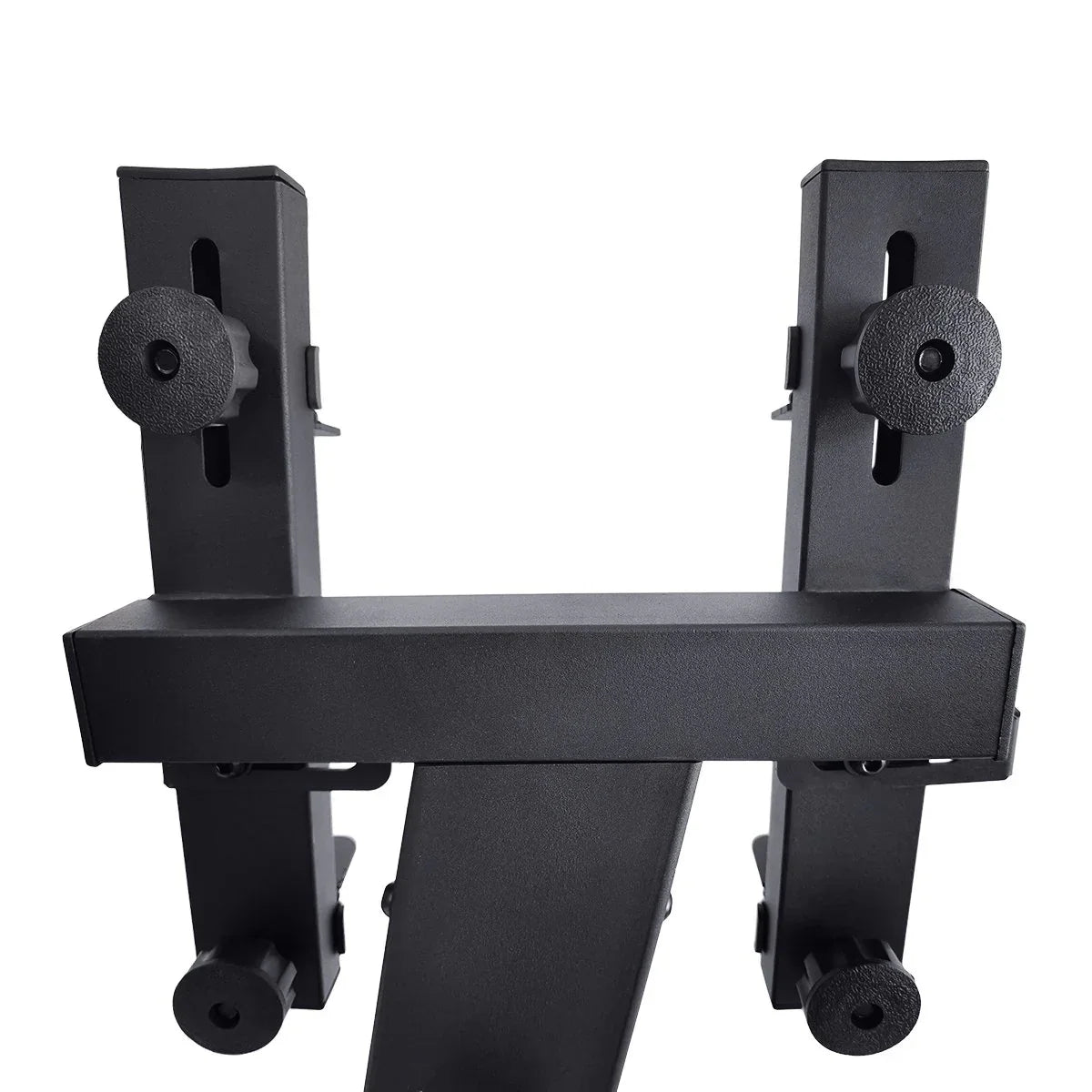 Black adjustable metal bracket with knobs against white background